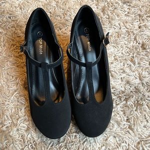 Black Suede T-strap Wedges